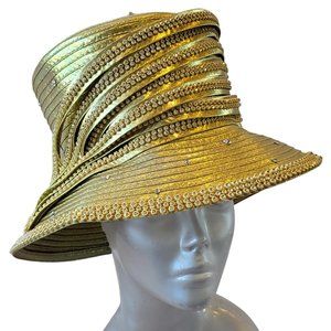 Designer couture satin ribbon hat with crystal rhinestones for church Gold derby